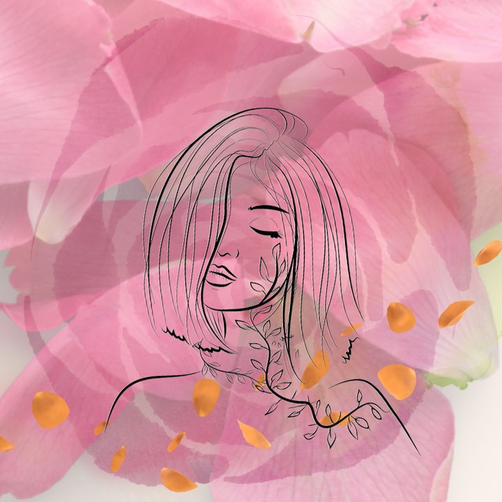 Petals of Being logo: line drawing of a woman with eyes closed over watercolor rose petals